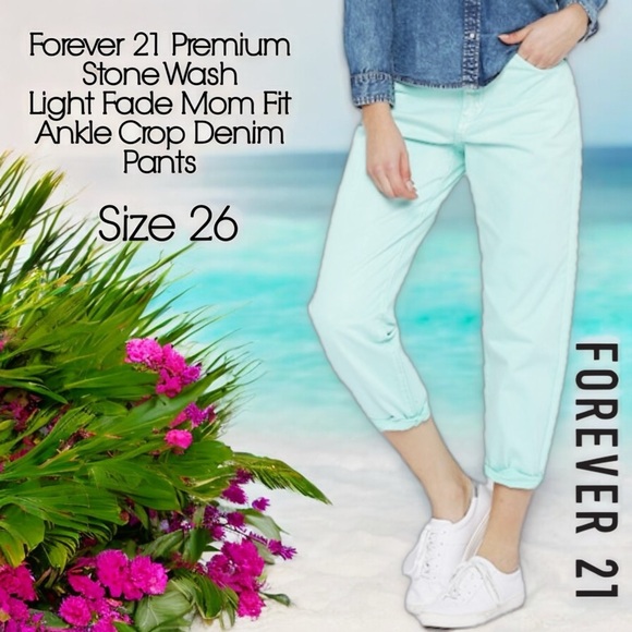 Forever 21 Premium Stone Wash Light Fade Teal Mom Fit Ankle Crop Denim - Picture 16 of 16